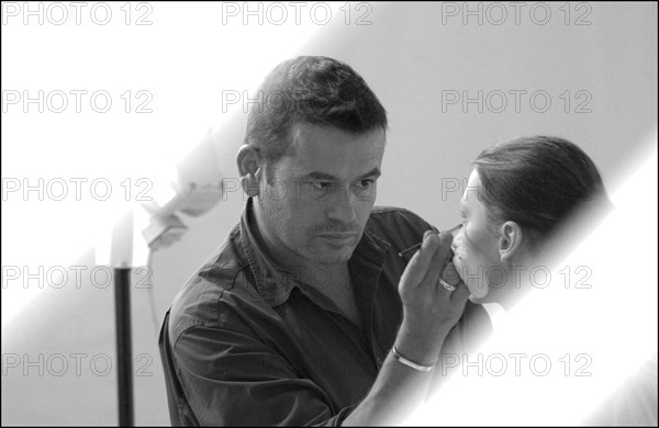 09/30/2002. EXCLUSIVE: Stephane Marais, make-up tests for the coming Issey Miyake spring-summer 2003 show.