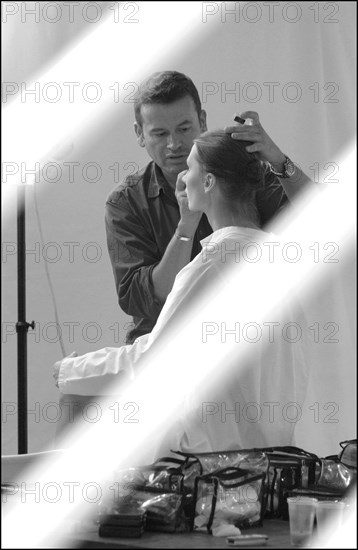 09/30/2002.  Stephane Marais, make-up tests for the coming Issey Miyake spring-summer 2003 show.