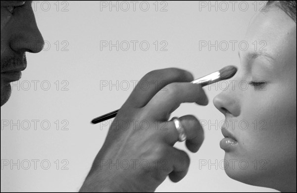 09/30/2002. EXCLUSIVE: Stephane Marais, make-up tests for the coming Issey Miyake spring-summer 2003 show.