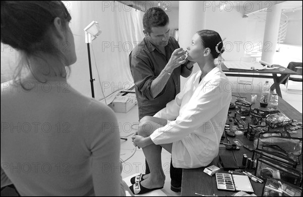 09/30/2002. EXCLUSIVE: Stephane Marais, make-up tests for the coming Issey Miyake spring-summer 2003 show.