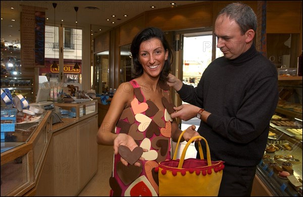 10/28/2002. EXCLUSIVE: Fashion designers dress Severine Ferrer, Laure de Lattre and Mya Frye in chocolate for catwalk appearance at the 8th Salon du Chocolat, Oct. 30.