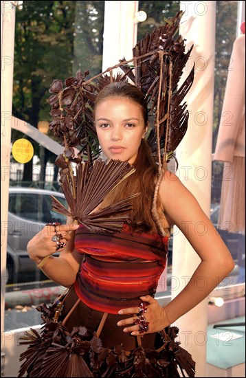 10/28/2002.  Fashion designers dress Severine Ferrer, Laure de Lattre and Mya Frye in chocolate for catwalk appearance at the 8th Salon du Chocolat, Oct. 30.