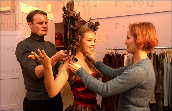 10/28/2002. EXCLUSIVE: Fashion designers dress Severine Ferrer, Laure de Lattre and Mya Frye in chocolate for catwalk appearance at the 8th Salon du Chocolat, Oct. 30.