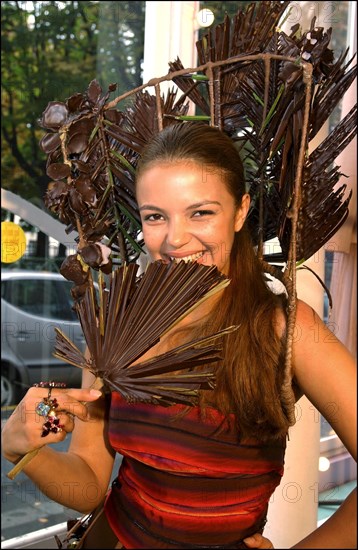 10/28/2002. EXCLUSIVE: Fashion designers dress Severine Ferrer, Laure de Lattre and Mya Frye in chocolate for catwalk appearance at the 8th Salon du Chocolat, Oct. 30.