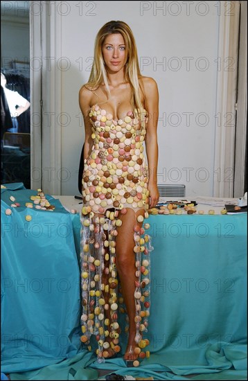 10/29/2002.  Fashion designers dress Loana and Elodie Gossuin in chocolate for catwalk appearance at the 8th Salon du chocolat, Oct 30.