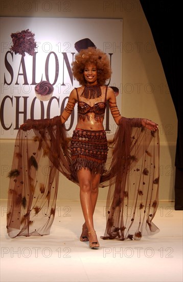 10/30/2002. Chocolate dresses fashion show at "Salon du Chocolat" exhibit in Paris