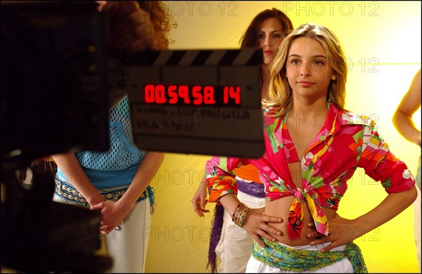 04/09/2003. EXCLUSIVE: French teen Pop Star Priscilla on the shooting of her latest music video "Tchouk Tchouk" on La Pinede Beach, Antibes.