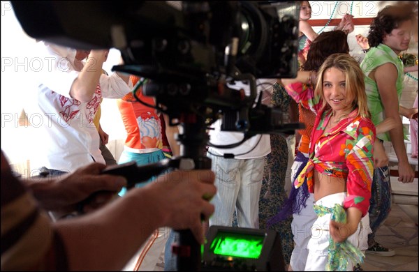 04/09/2003.  French teen Pop Star Priscilla on the shooting of her latest music video "Tchouk Tchouk" on La Pinede Beach, Antibes.