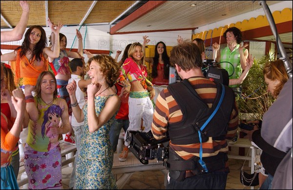 04/09/2003.  French teen Pop Star Priscilla on the shooting of her latest music video "Tchouk Tchouk" on La Pinede Beach, Antibes.