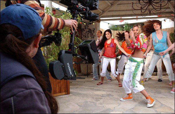 04/09/2003.  French teen Pop Star Priscilla on the shooting of her latest music video "Tchouk Tchouk" on La Pinede Beach, Antibes.