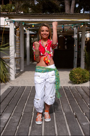 04/09/2003.  French teen Pop Star Priscilla on the shooting of her latest music video "Tchouk Tchouk" on La Pinede Beach, Antibes.