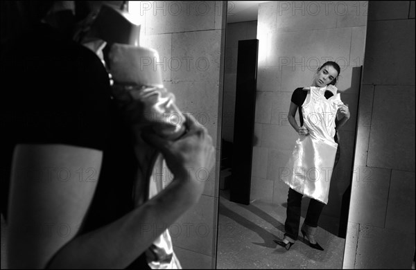 05/00/2003. EXCLUSIVE Elodie Bouchez tries gowns on at Armani's before the 56th Cannes Film