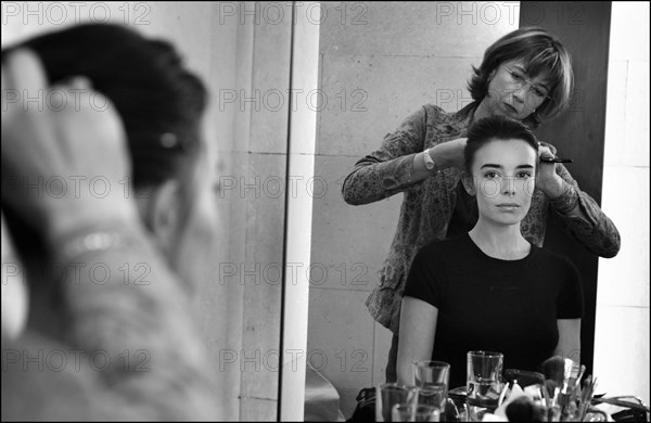 05/00/2003. EXCLUSIVE Elodie Bouchez tries gowns on at Armani's before the 56th Cannes Film