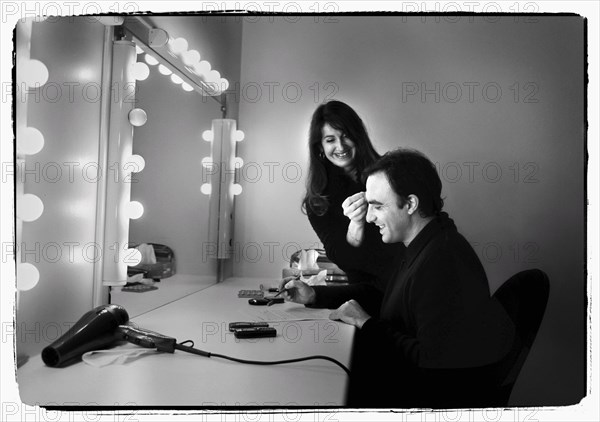12/00/2003. Nikos Aliagas, host of the Star Academy shows backstage and on stage.