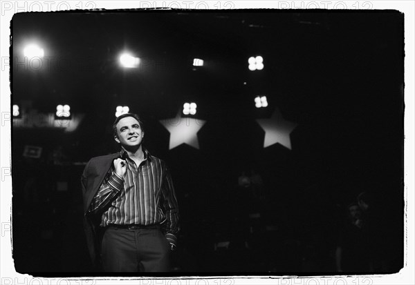 12/00/2003. Nikos Aliagas, host of the Star Academy shows backstage and on stage.