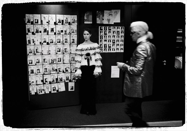 01/00/2004. EXCLUSIVE. Chanel Fashion Designer Karl Lagerfeld, backstage of the Haute Couture Spring-Summer 2004 fashion show.