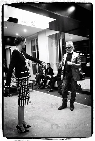 01/00/2004. EXCLUSIVE. Chanel Fashion Designer Karl Lagerfeld, backstage of the Haute Couture Spring-Summer 2004 fashion show.