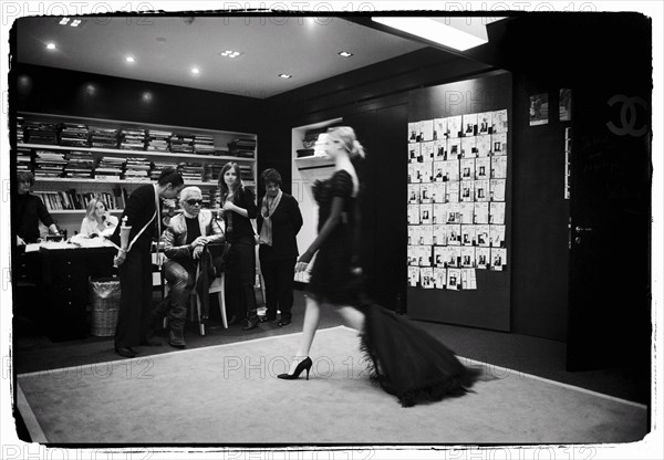 01/00/2004. EXCLUSIVE. Chanel Fashion Designer Karl Lagerfeld, backstage of the Haute Couture Spring-Summer 2004 fashion show.