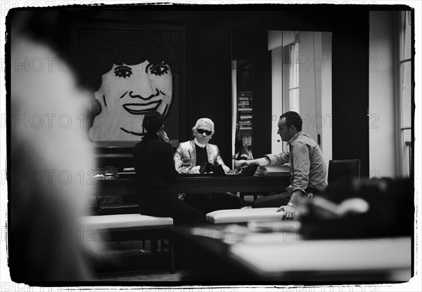 01/00/2004. EXCLUSIVE. Chanel Fashion Designer Karl Lagerfeld, backstage of the Haute Couture Spring-Summer 2004 fashion show.