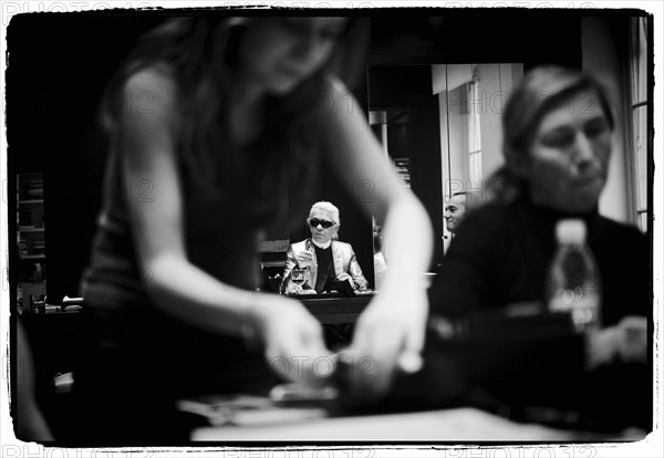 01/00/2004. EXCLUSIVE. Chanel Fashion Designer Karl Lagerfeld, backstage of the Haute Couture Spring-Summer 2004 fashion show.