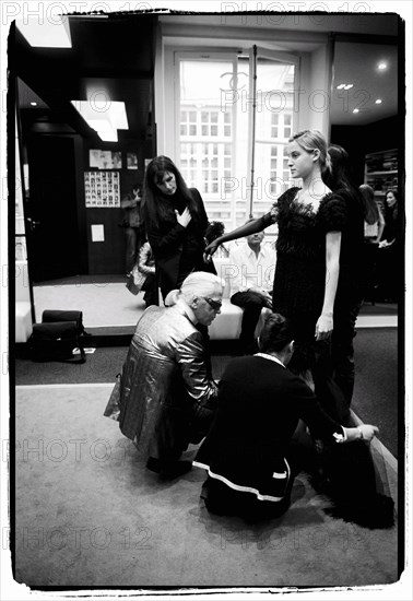 01/00/2004.  Chanel Fashion Designer Karl Lagerfeld, backstage of the Haute Couture Spring-Summer 2004 fashion show.