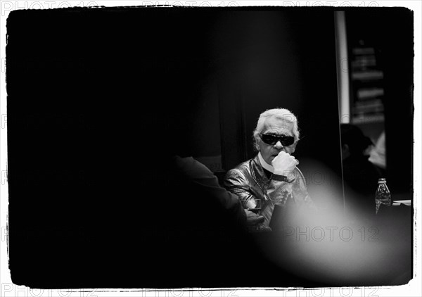 01/00/2004. EXCLUSIVE. Chanel Fashion Designer Karl Lagerfeld, backstage of the Haute Couture Spring-Summer 2004 fashion show.