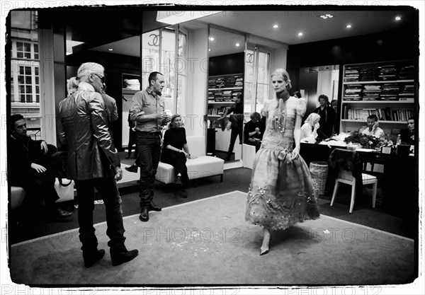 01/00/2004. EXCLUSIVE. Chanel Fashion Designer Karl Lagerfeld, backstage of the Haute Couture Spring-Summer 2004 fashion show.