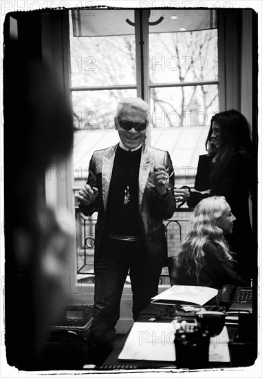 01/00/2004.  Chanel Fashion Designer Karl Lagerfeld, backstage of the Haute Couture Spring-Summer 2004 fashion show.