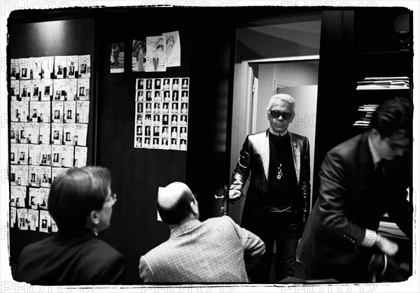 01/00/2004. EXCLUSIVE. Chanel Fashion Designer Karl Lagerfeld, backstage of the Haute Couture Spring-Summer 2004 fashion show.