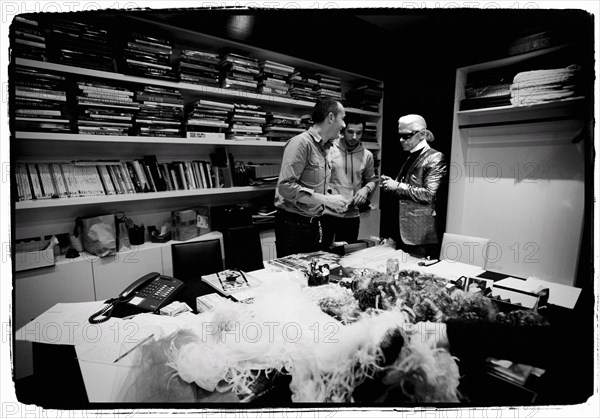 01/00/2004. EXCLUSIVE. Chanel Fashion Designer Karl Lagerfeld, backstage of the Haute Couture Spring-Summer 2004 fashion show.