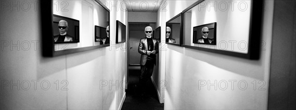 01/00/2004. EXCLUSIVE. Chanel Fashion Designer Karl Lagerfeld, backstage of the Haute Couture Spring-Summer 2004 fashion show.