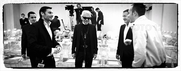 01/00/2004. EXCLUSIVE. Chanel Fashion Designer Karl Lagerfeld, backstage of the Haute Couture Spring-Summer 2004 fashion show.