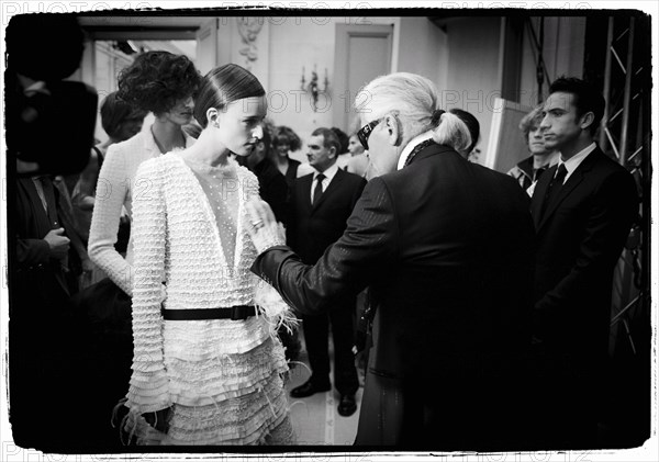 01/00/2004. EXCLUSIVE. Chanel Fashion Designer Karl Lagerfeld, backstage of the Haute Couture Spring-Summer 2004 fashion show.