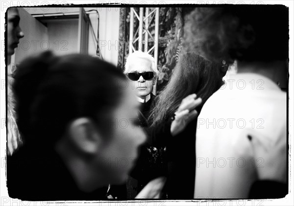 01/00/2004.  Chanel Fashion Designer Karl Lagerfeld, backstage of the Haute Couture Spring-Summer 2004 fashion show.