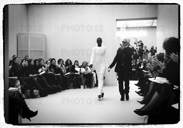 01/00/2004. EXCLUSIVE. Chanel Fashion Designer Karl Lagerfeld, backstage of the Haute Couture Spring-Summer 2004 fashion show.