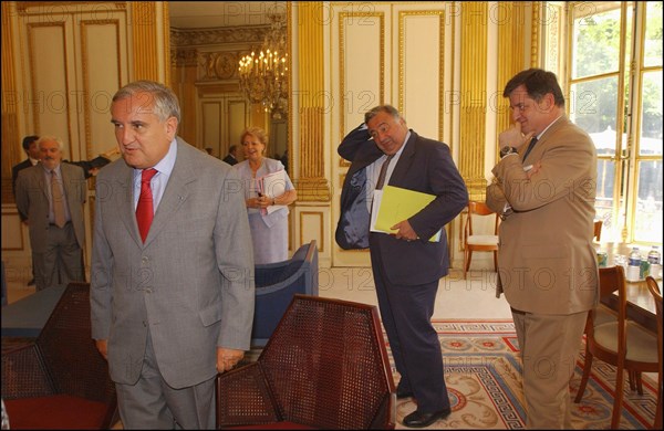 06/30/2004. EXCLUSIF. Jean-Louis Borloo, Ministre de l'Emploi, du Travail et de la Cohesion sociale, reçoit a son bureau Jean-Pierre Raffarin, Premier Ministre, avant la conference de presse presentant le Plan de cohesion sociale.