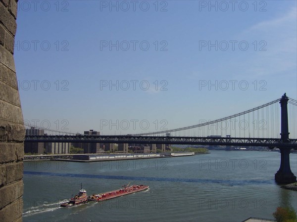 View of Manhattan bridge and the East River from Brooklyn bridge in New York