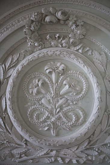 Versailles105 Château de Versailles, Petit Trianon, boiseries sculptées de fleurs, médaillon et fleurs de lys