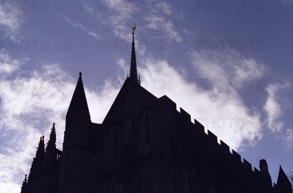 MtSaintMichel21 La Merveille et l'Eglise abbatiale du Mont Saint Michel en ombre chinoise sur le ciel (Abbaye)