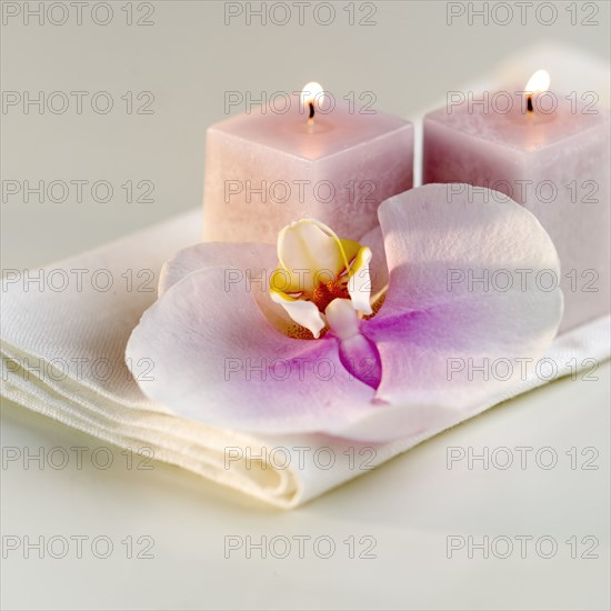 Lighted candles with a colorful orchid.