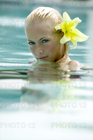 A submerged woman in a swimming pool.