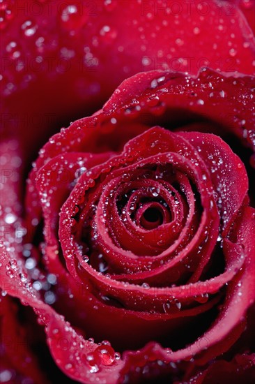 Closeup of red rosebud opening.