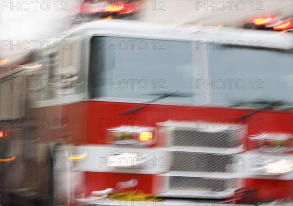 Front of fire engine in motion.