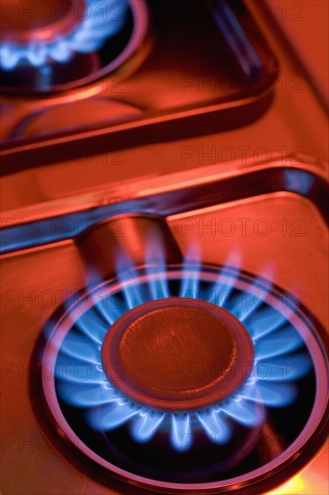 Closeup of gas-burning range.