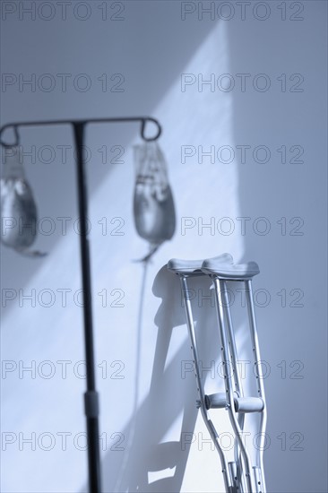 Still life of crutches and IV.