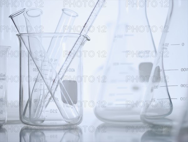 Still life of beakers in lab.