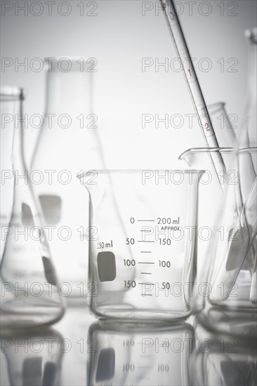 Still life of beakers in lab.