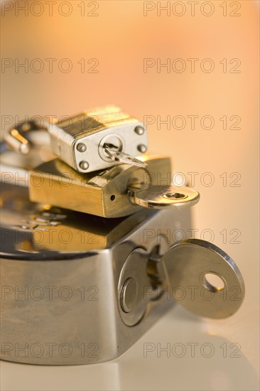 Closeup of a stack of padlocks.