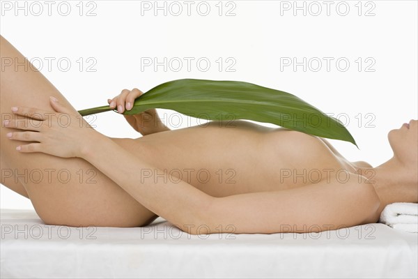 Closeup of nude woman with a palm leaf.