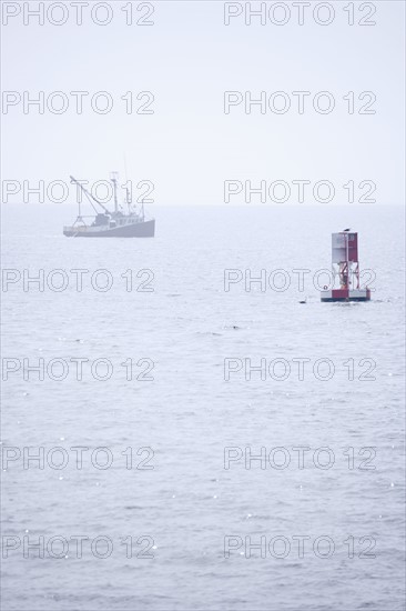 Lobster boat in fog off the Maine coast.